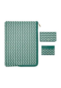 Zelená kapsička so zipsom z textúrovanej tkaniny s bielymi geometrickými vzormi; obsahuje väčšiu kapsičku a dva menšie držitelia na karty.