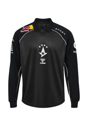 Zwarte poloshirt met lange mouwen en witte accenten, met logo's op de schouders en een centraal ontwerp van sterren en een logo. Gemaakt van een gladde stof.