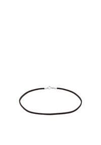 Black suede choker necklace with a smooth texture, featuring a silver clasp and metal accents at each end. Simple, circular design.