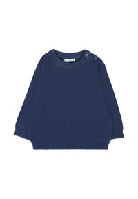 Pull en tricot bleu marine avec un col rond, des manches longues et des détails de boutons sur les côtés. Texture douce, avec des poignets et un ourlet côtelés.