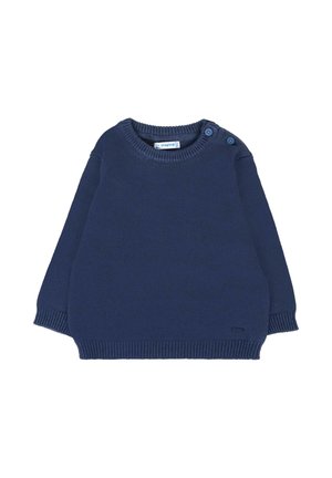 Granatowy sweter dzianinowy z okrągłym dekoltem, długimi rękawami oraz detalami w postaci guzików po bokach. Miękka faktura, z prążkowanymi mankietami i dołem.