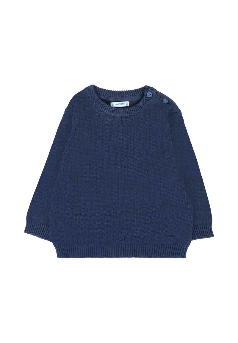 Pull en tricot bleu marine avec un col rond, des manches longues et des détails de boutons sur les côtés. Texture douce, avec des poignets et un ourlet côtelés.