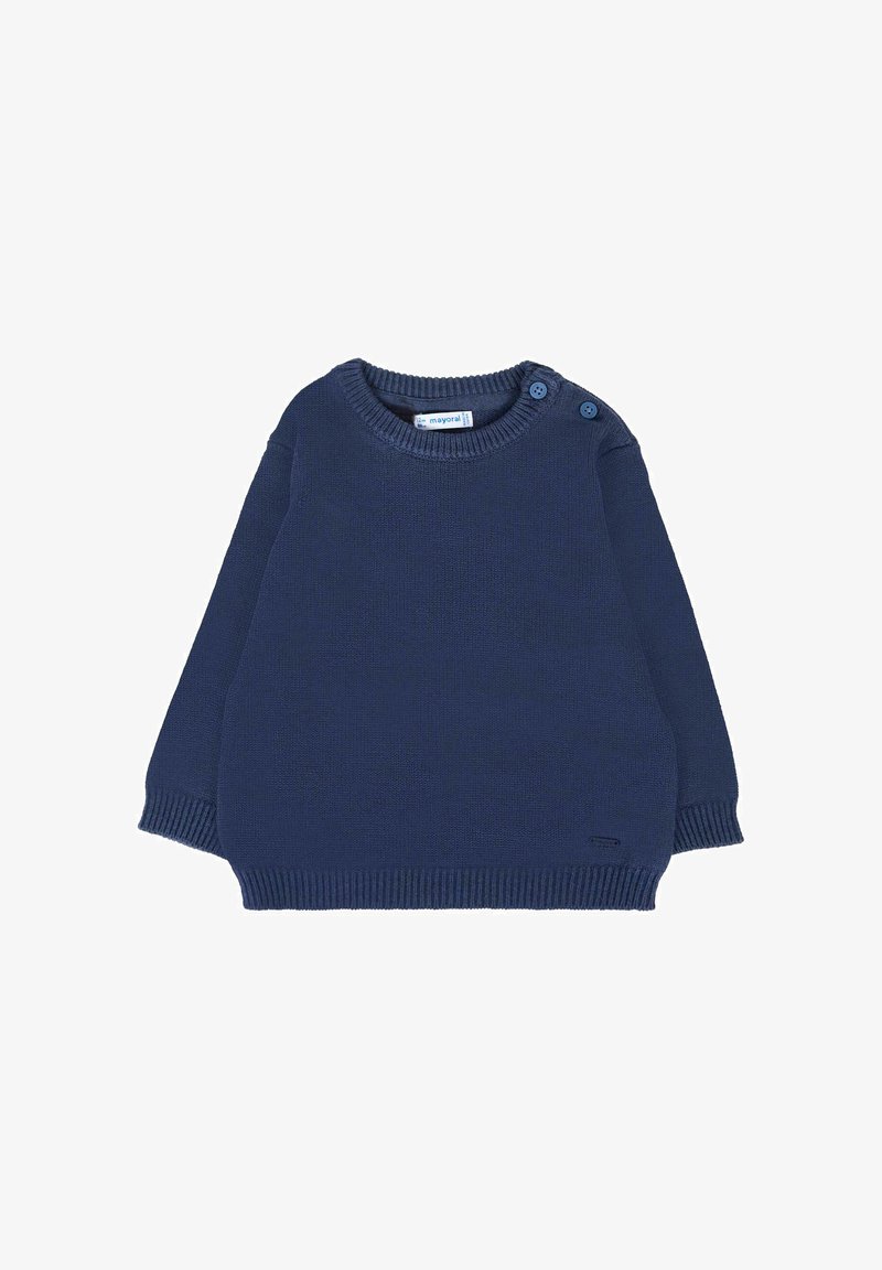 Pull en tricot bleu marine avec un col rond, des manches longues et des détails de boutons sur les côtés. Texture douce, avec des poignets et un ourlet côtelés.