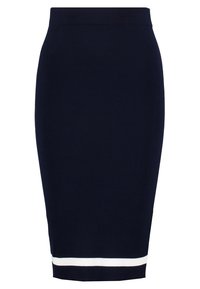 Laivaston sininen ribbed kynähame, jossa on tiukka muotoilu, ja helman valko-kermanvärinen raita. Joustava vyötärö lisää mukavuutta.