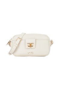 Borsa a tracolla in pelle bianca con hardware dorato, forma rettangolare, chiusura frontale e tracolla regolabile. Logo impresso sul fronte.