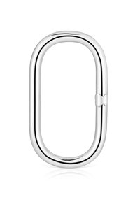 Moschettone in metallo argento con forma rettangolare liscia, dotato di un accento a forma di fiocco su un lato e una finitura lucida.