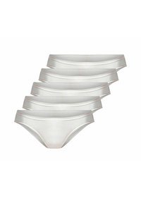 Fünferpack Damen-Bikiniunterhosen aus glattem, shiny Stoff. Sie haben einen niedrigen Bund, einen elastischen Gummibund und sind cremefarben.