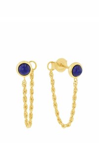 Orecchini d'oro con pietre di lapislazzuli incastonate in montature circolari, collegate da catene intrecciate. Il design include una chiusura sicura.