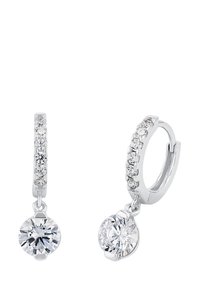 Silverringar med små inlagda kristaller och en större rund kristall som hänger från varje ring.