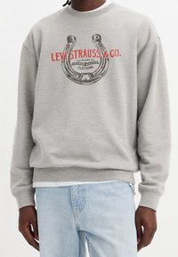 Sudadera gris de algodón, con un gran gráfico de herradura y "LEVI STRAUSS & CO." impreso en rojo. Puños y bajo de canalé simples.