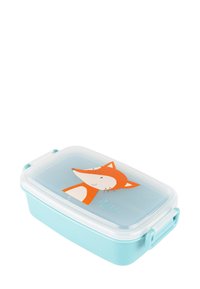 Light blue rectangular lunchbox with clear lid featuring a smiling orange fox illustration and secure side clasps.