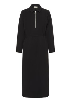 Robe midi noire à manches longues avec col et fermeture éclair avant munie d'une tirette ronde, taille cintrée et silhouette droite simple.