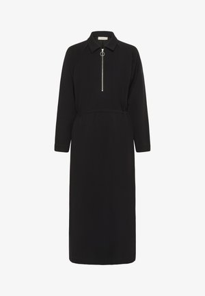 Rochie midi neagră cu mâneci lungi, guler și fermoar frontal cu un pull rotund, talie cambrată și siluetă simplă, dreaptă.