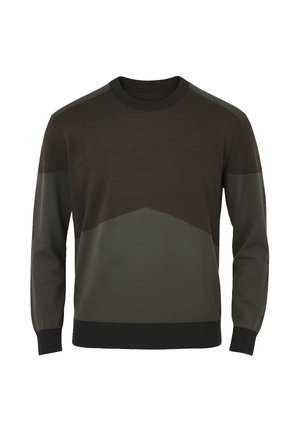 Maglione lavorato a maglia in verde scuro e oliva, caratterizzato da un design geometrico a blocchi di colore con polsini e scollo a costine. Tessuto morbido, vestibilità regolare.