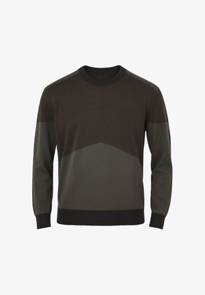 Suéter de punto en verde oscuro y oliva, con un diseño geométrico de bloques de color y puños y cuello acanalados. Textura suave, corte regular.