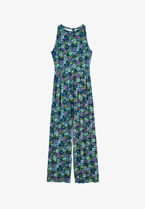 Salopetă florală în teal închis, cu un design fără mâneci, talie ajustată și pantaloni largi. Modelul include flori violet și verzi.