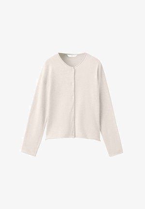 Světle šedý kardigan z měkké látky, s kulatým výstřihem, zapínáním vpředu na knoflíky a dlouhými rukávy s krátkým lemem.