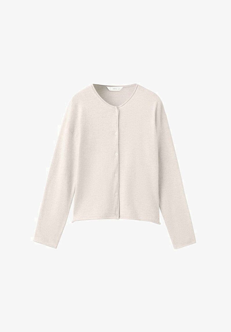 Hellgraue Strickjacke aus weichem Stoff mit rundem Ausschnitt, Knöpfen vorne und langen Ärmeln mit kurzer Saumlänge.