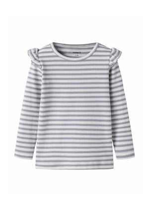 Long-sleeve top in light purple and white stripes, ribbed texture, with ruffled accents on the shoulders and a round neckline.