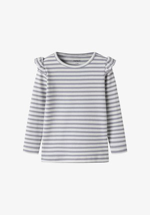 Helevarrukaga särk helelillas ja valgetes triipudes, soonikkoes, õlgadel volangide ja ümarkaelusega.