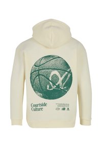 Kremowa bluza z kapturem z dużą zieloną grafiką koszykówki na plecach, z napisem "Courtside Culture" wydrukowanym poniżej na zielono. Miękka w dotyku.