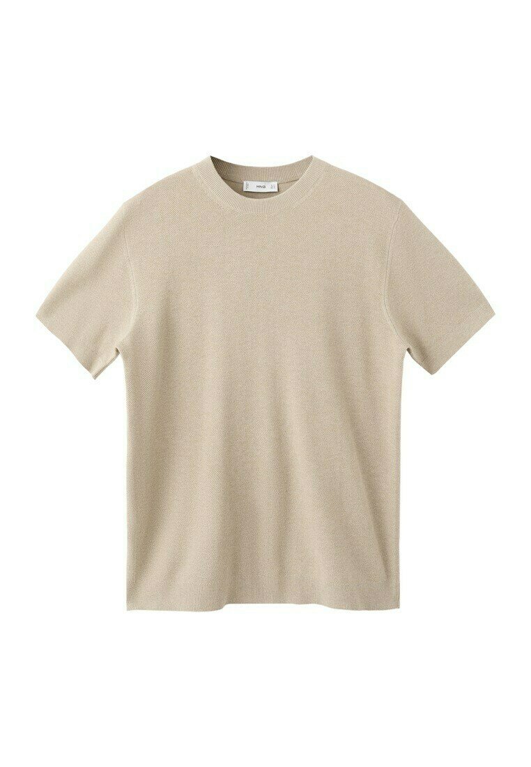 Pull en maille beige à manches courtes avec col rond, design uni et texture fine, étalé à plat sur fond blanc.