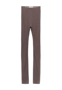 Dlouhé, slim-fit, strukturované legíny v tlumené hnědé barvě, vystavené plochě s jednoduchým elastickým páskem.