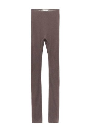 Dlouhé, slim-fit, strukturované legíny v tlumené hnědé barvě, vystavené plochě s jednoduchým elastickým páskem.
