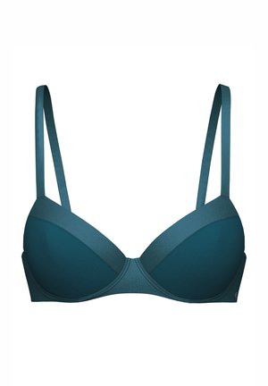 Reggiseno teal in materiale morbido, con coppe imbottite, spalline larghe e design senza cuciture. Include una leggera texture e bordi curvi.