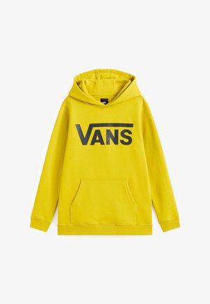 Keltainen huppari, jossa on etupuolella tasku ja ribatatut hihansuut. "VANS"-logo on selvästi esillä mustana rinnassa.