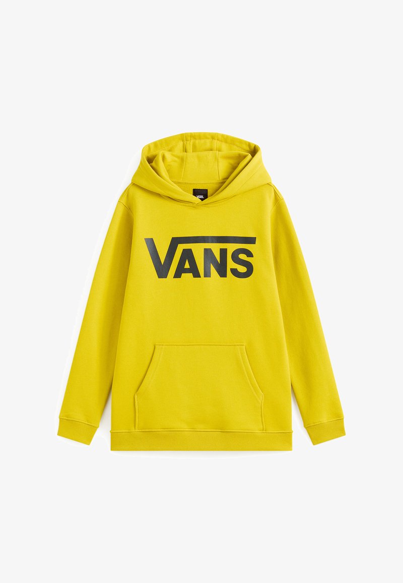 Felpa gialla con cappuccio e tasca frontale, dotata di polsini a coste. Il logo "VANS" è ben visibile in nero sul petto.