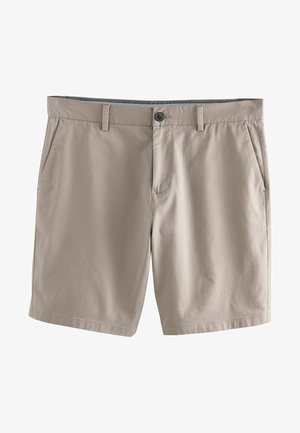 Pantalones cortos beige de tejido ligero, con dos bolsillos laterales, cierre de botón y parte delantera plana. Textura suave, longitud por encima de la rodilla.