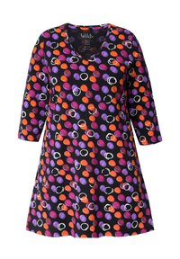 Schwarzes Kleid mit Dreiviertelärmeln und V-Ausschnitt. Gemustert mit mehrfarbigen Kreisen in Lila, Orange und Weiß. Weicher Stoff.