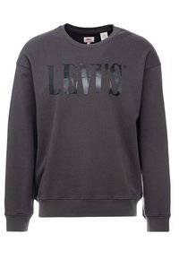Sudadera gris hecha de una mezcla de algodón, con cuello redondo acanalado, mangas largas y un logo negro brillante de "LEVI'S" en la parte frontal.