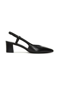 Zapato negro de piel tipo slingback con punta afilada, tacón medio y bloque, y tira delgada ajustable. Textura suave, diseño minimalista.