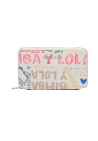 Valge ümber tõmmatav rahakott roosa, rohelise ja sinise tekstiga, millel on "BIMBA Y LOLA" erinevates fondides, sile sünteetiline materjal ja peen tekstuur.