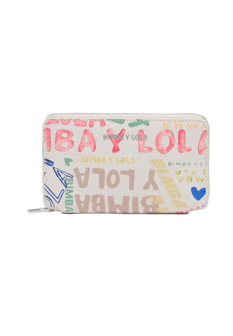 Valge ümber tõmmatav rahakott roosa, rohelise ja sinise tekstiga, millel on "BIMBA Y LOLA" erinevates fondides, sile sünteetiline materjal ja peen tekstuur.