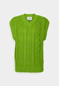 Veste verte en maille avec un col en V, des manches amples et des motifs torsadés texturés. Bords côtelés au niveau de l'encolure et de l'ourlet.