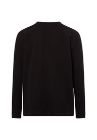 Schwarzes Langarmshirt aus einem strukturierten, gerippten Material. Verfügt über einen Rundhalsausschnitt und Raglanärmel, mit einem klaren, einfachen Design.