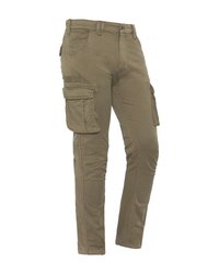 Khaki Cargo-Hose mit mehreren Taschen, darunter große seitliche Klappentaschen und gestickte Knie-Details, vor weißem Hintergrund gezeigt.
