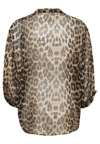 Gennemsigtig leopardmønstret bluse med et sort og guld mønster, rund krave og løs pasform. Har rullede ærmer og en let tekstur.