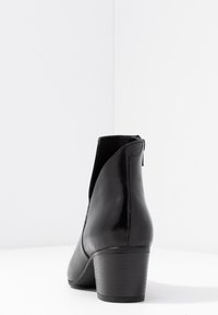 Stivaletto in pelle nera con un design strutturato, punta rotonda e tacco basso a blocco, dotato di zip laterale per la chiusura.