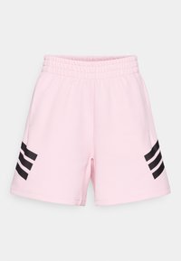 Pantalones cortos deportivos rosados hechos de una tela suave, con una cinturilla elástica ancha y acentos de tres rayas negras a los lados.