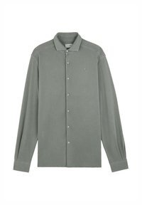 Cămașă cu mânecă lungă dintr-un material verde desaturat. Prezintă un închidere cu butoane pe față, un guler clasic și un mic logo brodat pe piept.