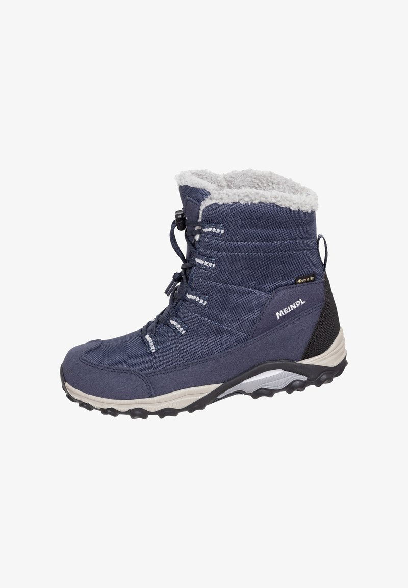 Dunkelblaue wasserdichte Schneestiefel mit weicher Kunstfell-Fütterung, strukturiertem Stoff, sicheren Schnürsenkeln und einer schwarzen Gummisohle für guten Halt.