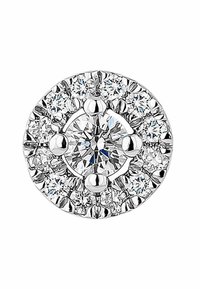 Pendiente de aro con un diamante central de corte brillante, rodeado de diamantes más pequeños engastados en metal blanco, con un acabado pulido.