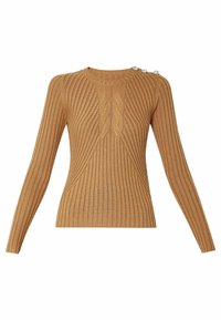 Sweter w kolorze camel, prążkowany, z wzorem w warkocze z przodu i trzema dekoracyjnymi guzikami na lewym ramieniu, o długich rękawach.