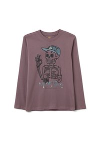 Maglietta a maniche lunghe color malva con una grafica nera di uno scheletro che indossa un berretto blu, con il testo "IMOBRO SKATER LIFE" sotto. Tessuto morbido, design casual.