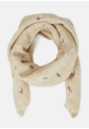 Beige knitted scarf with small embroidered pink roses and green leaves, folded in a loose loop on a white background.