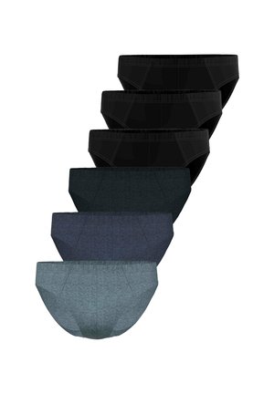 Sechs Herren-Slips in Schwarz, Dunkelgrau, Marineblau und Hellgrau, in einem vertikal überlappenden Stapel angeordnet.